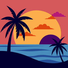Scenery beach at sunset with sun and palm vector landscape nature background.