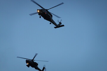 Two helicopters are silhouetted against a light-blue sky