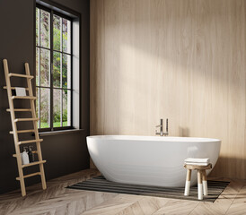  Modern Light Wood Bathroom with Freestanding Bathtub and Large Window - Minimalist Interior Design