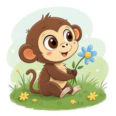 Charming Cartoon Monkey Holding Blue Flower Sitting on Green Grass