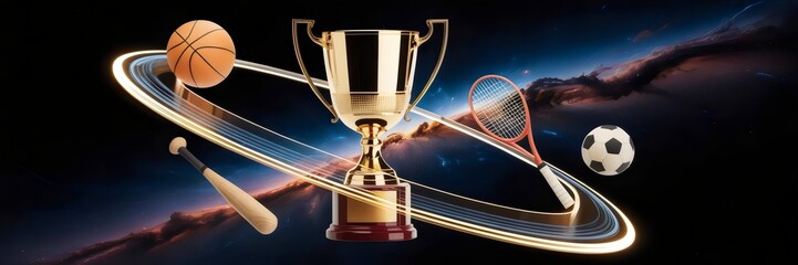 Trophy and glowing sports gear orbiting in cosmic space – Ideal for sports event posters, galactic concepts, or excellence campaigns.