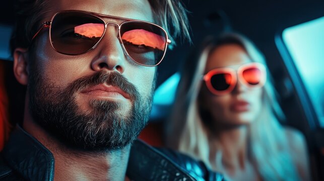 A stylish man and woman are captured in a car, wearing fashionable sunglasses that reflect the sunset, exuding confidence and elegance in a modern lifestyle scene.