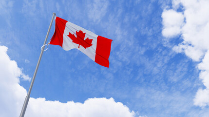 Realistic 3D Render of Canadian Flag Waving Against Blue Sky