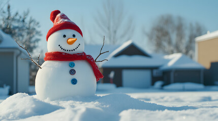 Cheerful snowman with red scarf and buttons stands in snowy front yard, wearing red hat