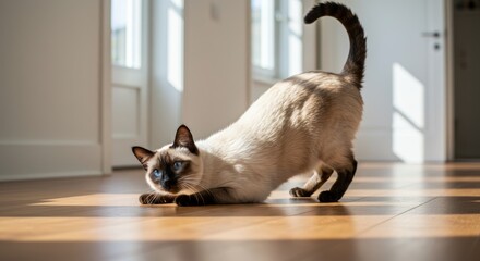 Siamese cat stretching its body on a wooden floor in a sunlit interior