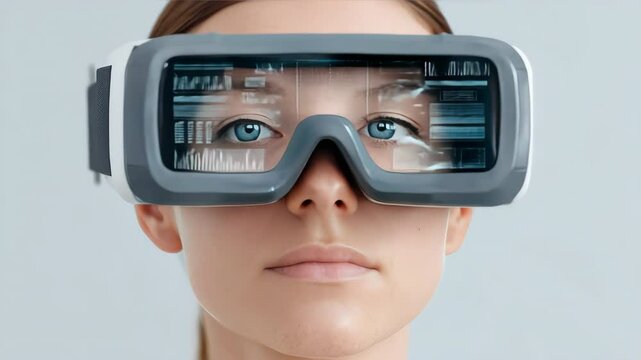 Woman exploring virtual reality technology wearing advanced headset