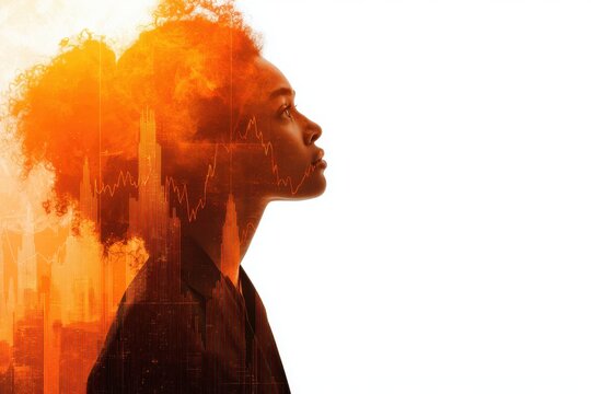 Double Exposure of Woman and Cityscape with Financial Graphs in Orange Hue.