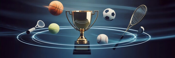 Golden trophy with orbiting sports equipment in dark space – Great for athletic achievement visuals, award branding, or cosmic-themed designs.