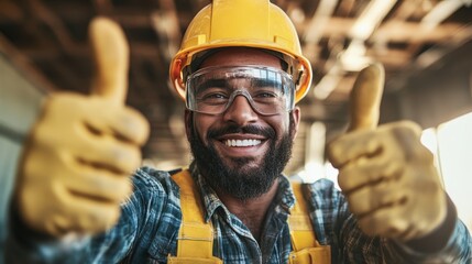 A smiling construction worker wearing protective gear gives a thumbs up, radiating positivity and confidence, embodying hard work and dedication in a bustling environment.
