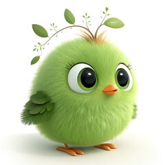 Charming Fluffy Green Bird with Leaves on Head on White Background