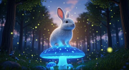 Enchanting White Rabbit Sits Atop a Glowing Blue Mushroom in a Mystical Forest Evening Scene