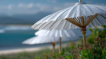 Traditional white Balinese umbrellas.