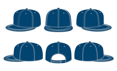 template Bold navy vector illustration of snapback cap shown from various angles. Great for sports apparel design, streetwear concepts, fashion mockups, and graphic merchandise projects. template hat 