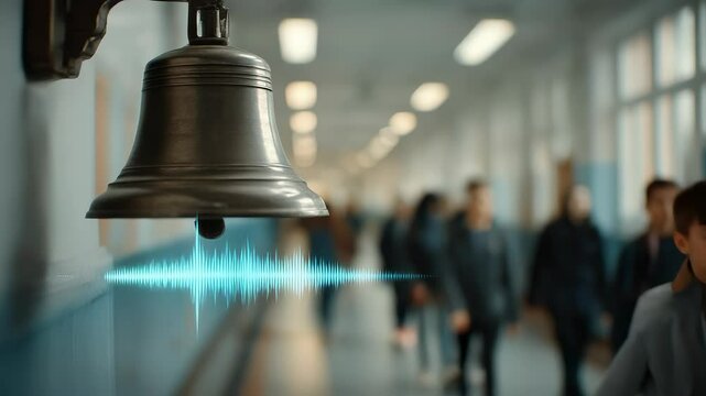 School Bell Rings with Sound Wave Graphic in Hallway with Students, Signaling Class Change, Education Concept, Time Management, and Academic Schedule