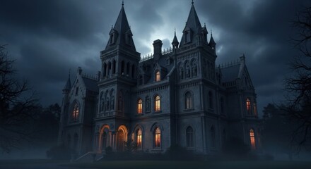 Obraz premium A Spooky Old Mansion Stands Tall Under the Eerie Glow of the Moonlight on a Foggy Night