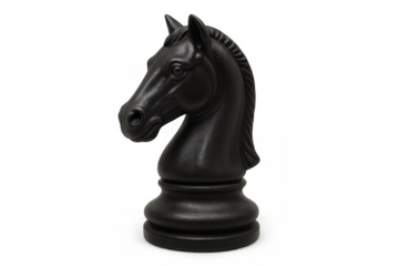 Dark chess knight figurine positioned on clear surface, symbolizing strategic gameplay