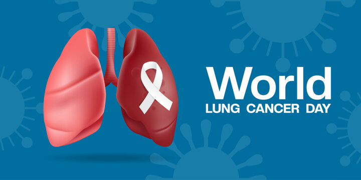August is World Lung Cancer Day. Lung and ribbon. Suitable for posters, banners and social media. Blue background.