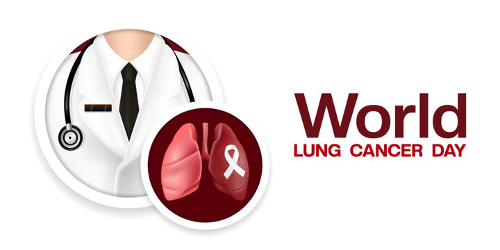 August is World Lung Cancer Day. Lung, doctor and ribbon. Suitable for posters, banners and social media. White background.