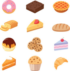 Set of vector bakery icons. Flat style donut, brownie, pie, bread, cheesecake, muffin, croissant, cookie, cake slice, cream puff