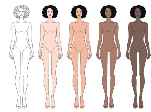Colored skin tones fashion croquis figurines with afro curly hair woman in vector.