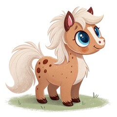 Charming Spotted Pony Cartoon with Big Blue Eyes on Green Meadow