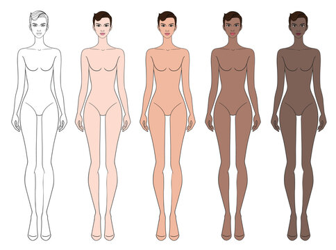 Colored skin tones fashion croquis figurines with sculptural updo hair woman in vector.