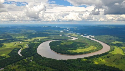 Aerial View Of Winding River Through Lush Landscape