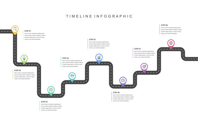 Business road map timeline infographic concept. with icons and 8 steps, workflow layout, diagram, report, web design. Creative, Milestone information. Vector illustration.