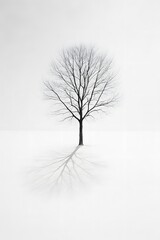 Obraz premium Lonely Bare Tree in Snowy Winter Landscape with Long Shadow, Minimalist Monochrome Nature Scene, Quiet and Serene Atmosphere