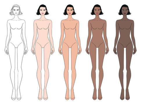 Colored skin tones fashion croquis figurines with short hair woman in vector.