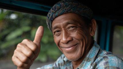 Smiling Indonesian driver in car.