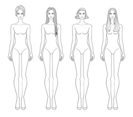 Fashion outline sketch croquis figurines female body with different hairs in vector.