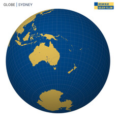 Vector Globe centered to Sydney. Ocean Blue Golden Yellow palette. World map with meridians, parallels, countries, rivers and lakes. Appealing vector illustration.