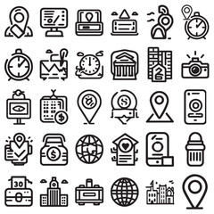 Travel & Location Line Icons is a modern line icon set representing various travel and location themes. It includes map pins, suitcases, navigation symbols, destination markers, airplanes, and globe