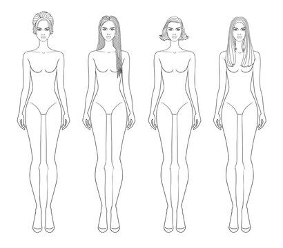 Fashion outline sketch croquis figurines female body with different hairs in vector.