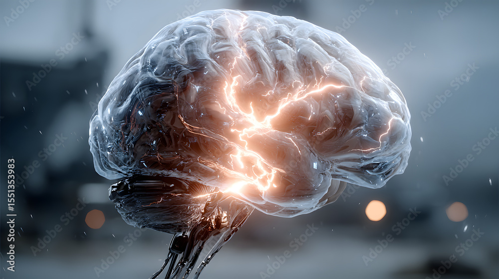 Poster brain's neural network: a close-up view of a detailed, glowing model of the human brain with active 