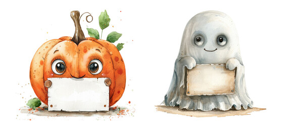 Isolated watercolor illustration of a smiling pumpkin and a friendly ghost, both holding blank signs. Suitable for children's themes and Halloween.