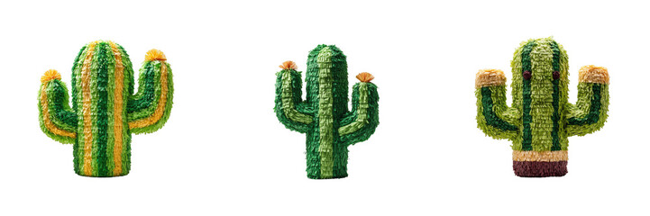 Three colorful cactus shaped pinatas in vibrant green, yellow, and brown colors isolated on transparent background PNG. Ideal for festive celebrations and Latino Mexican holidays.
