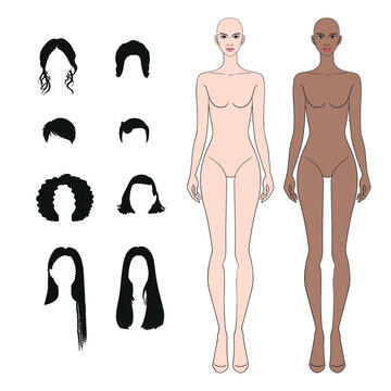 Mix and match colored fashion figurines female body with different hairs in vector.