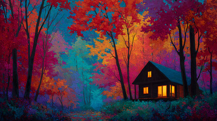A cozy cabin with glowing windows nestled among vividly colored fall trees at dusk