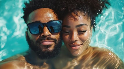 A romantic image of a happy couple submerged in a bright blue swimming pool, sharing a joyful moment together, radiating love and connection under the sunlight.