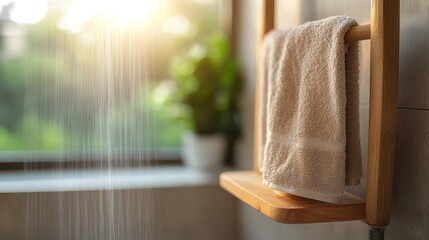 A soft towel hangs peacefully in a serene bathroom setting, illuminated by gentle sunlight, creating a tranquil atmosphere that invites relaxation and comfort.