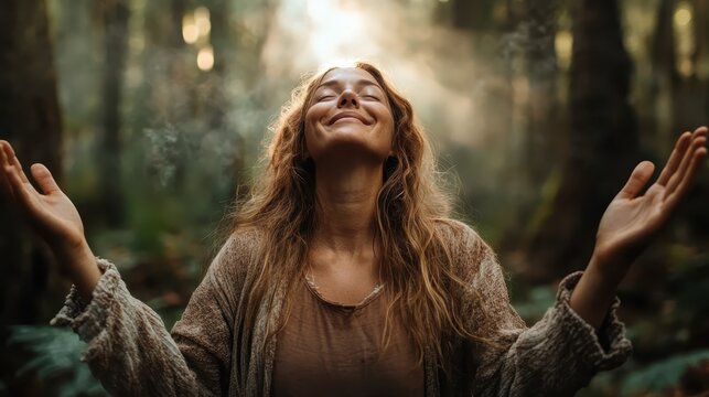 A joyous woman stands with her arms wide open in a sunlit forest, symbolizing freedom and connection to nature, experiencing pure happiness amidst the beauty of the woods.