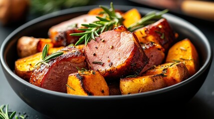 Fototapeta premium A bowl of succulent roasted meats paired with vibrant vegetables, garnished with herbs, presenting a visually stunning and appetizing meal perfect for hearty culinary lovers.
