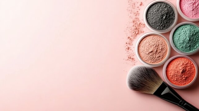 A colorful collection of powder makeup in elegant containers, arranged beautifully with a brush, showcasing the vibrant hues and artistic potential of cosmetics for beauty enthusiasts.