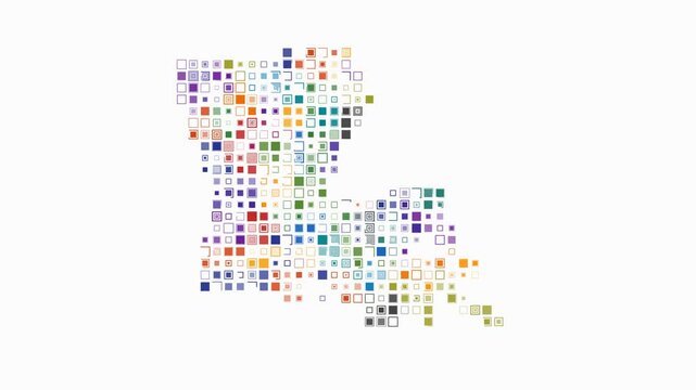 Louisiana dotted animation. Shape of the state built of pulsating colored dots. Large size square blocks. Digital style map on white background. Artistic video.