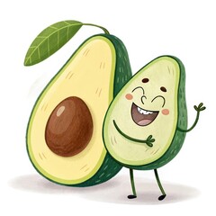 Cheerful Avocado Cartoon Halves with Seed, Cute Face on Transparent Background