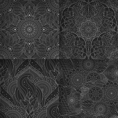 Ethnic seamless patterns set with floral details in dark color palette. Oriental motifs, abstract ornaments depicting flowers, leaves, mandalas.