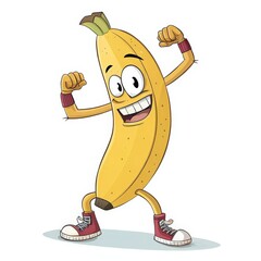 Cheerful Banana Cartoon Character Biceps Display in Red Sneakers on White Background