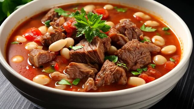 Hot tomato soup with beef and white beans garnished with parsley